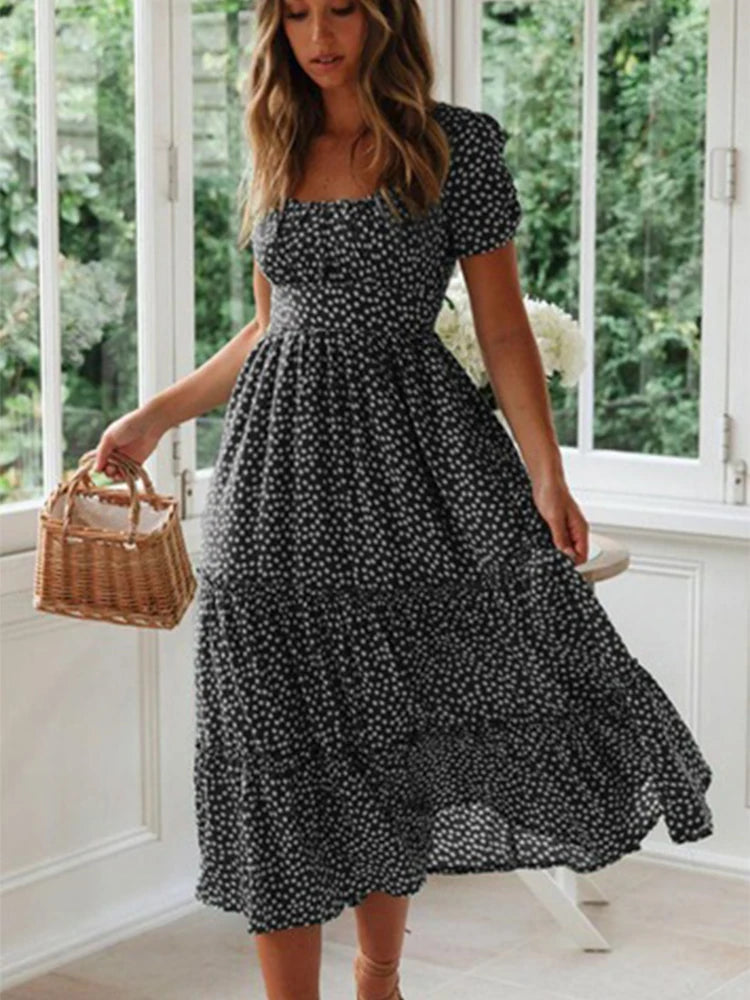 Robe longue vintage imprimé floral manches bouffantes MyParisMonaco