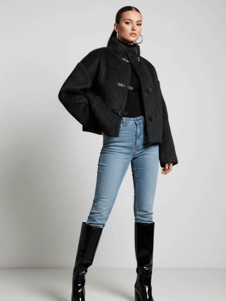 Veste courte effet laine col montant oversize