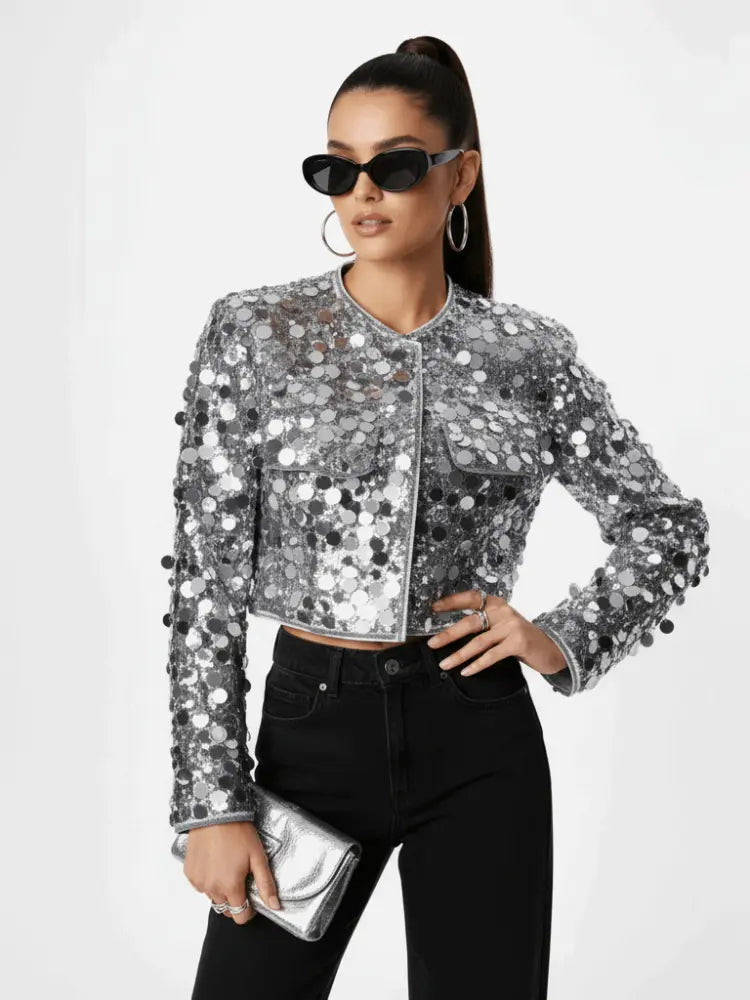 Veste sequins argentés manches longues col rond