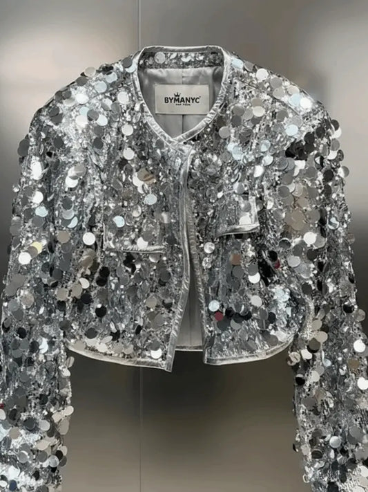 Veste sequins argentés manches longues col rond