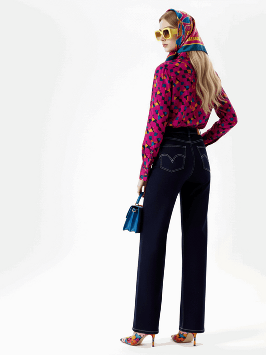 Jean large court taille haute bleu foncé cheville