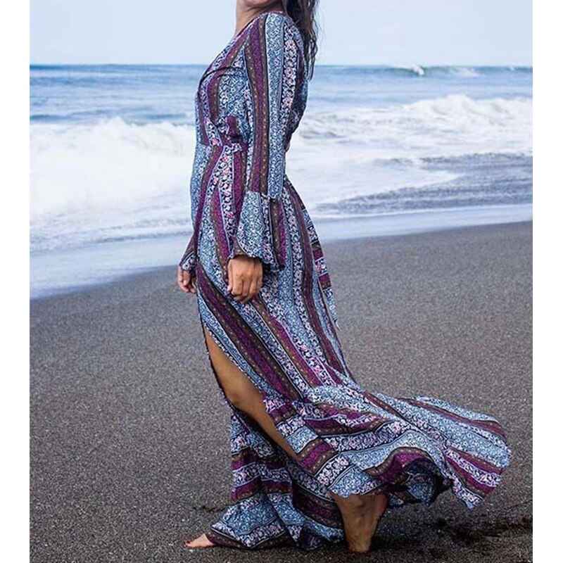 Robe longue bohème imprimé floral décolleté en V avec fente haute - MyParisMonaco