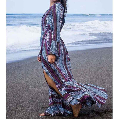 Robe longue bohème imprimé floral décolleté en V avec fente haute - MyParisMonaco