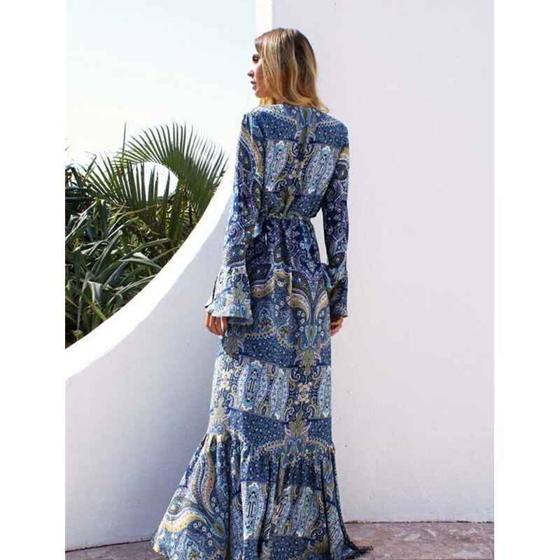 Robe longue bohème imprimé floral décolleté en V avec fente haute - MyParisMonaco