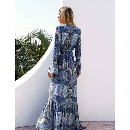 Robe longue bohème imprimé floral décolleté en V avec fente haute - MyParisMonaco