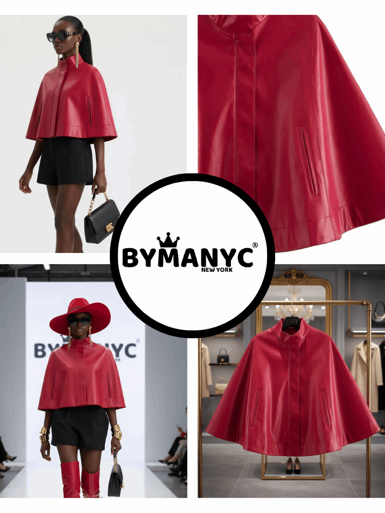 Veste cape courte cuir vegan rouge femme | bymanyc new york - MyParisMonaco