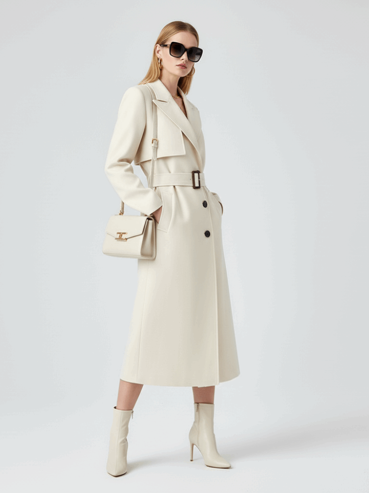 Trench long laine crème ceinturé coupe maxi