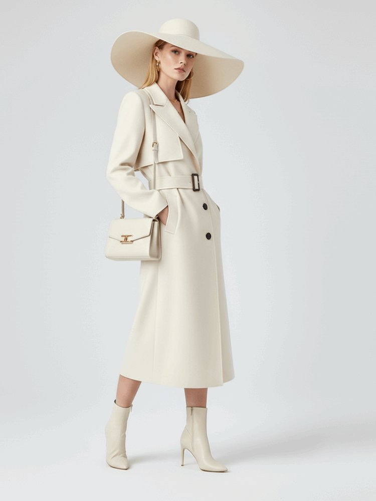 Trench long laine crème ceinturé coupe maxi