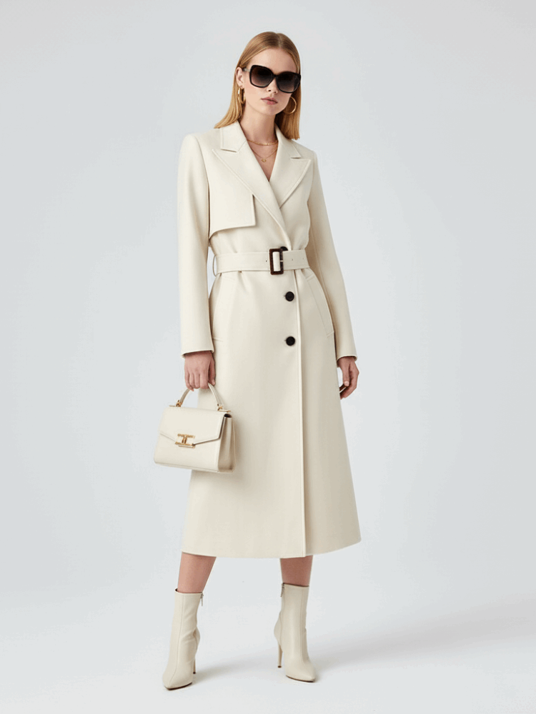 Trench long laine crème ceinturé coupe maxi