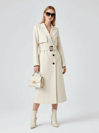 Trench long laine crème ceinturé coupe maxi