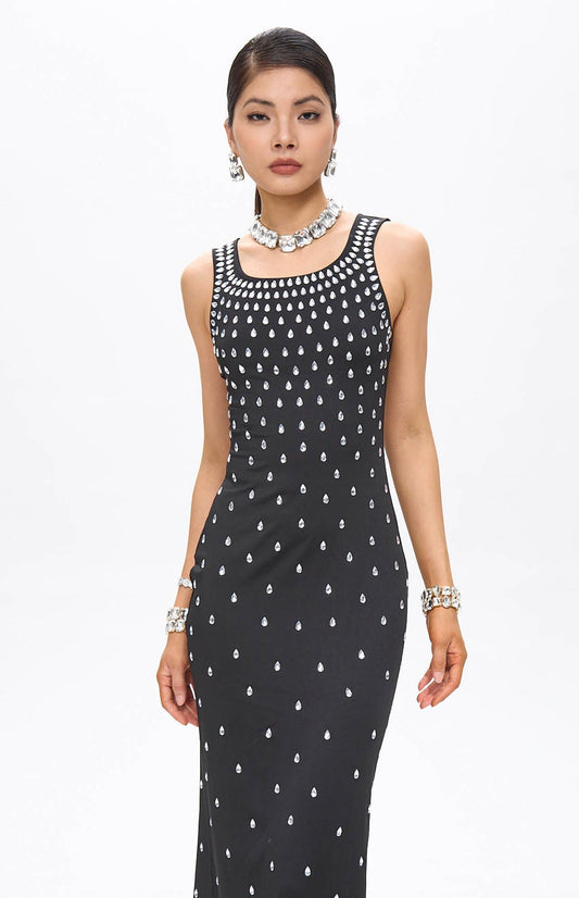 Robe longue noire cristaux MyParisMonaco