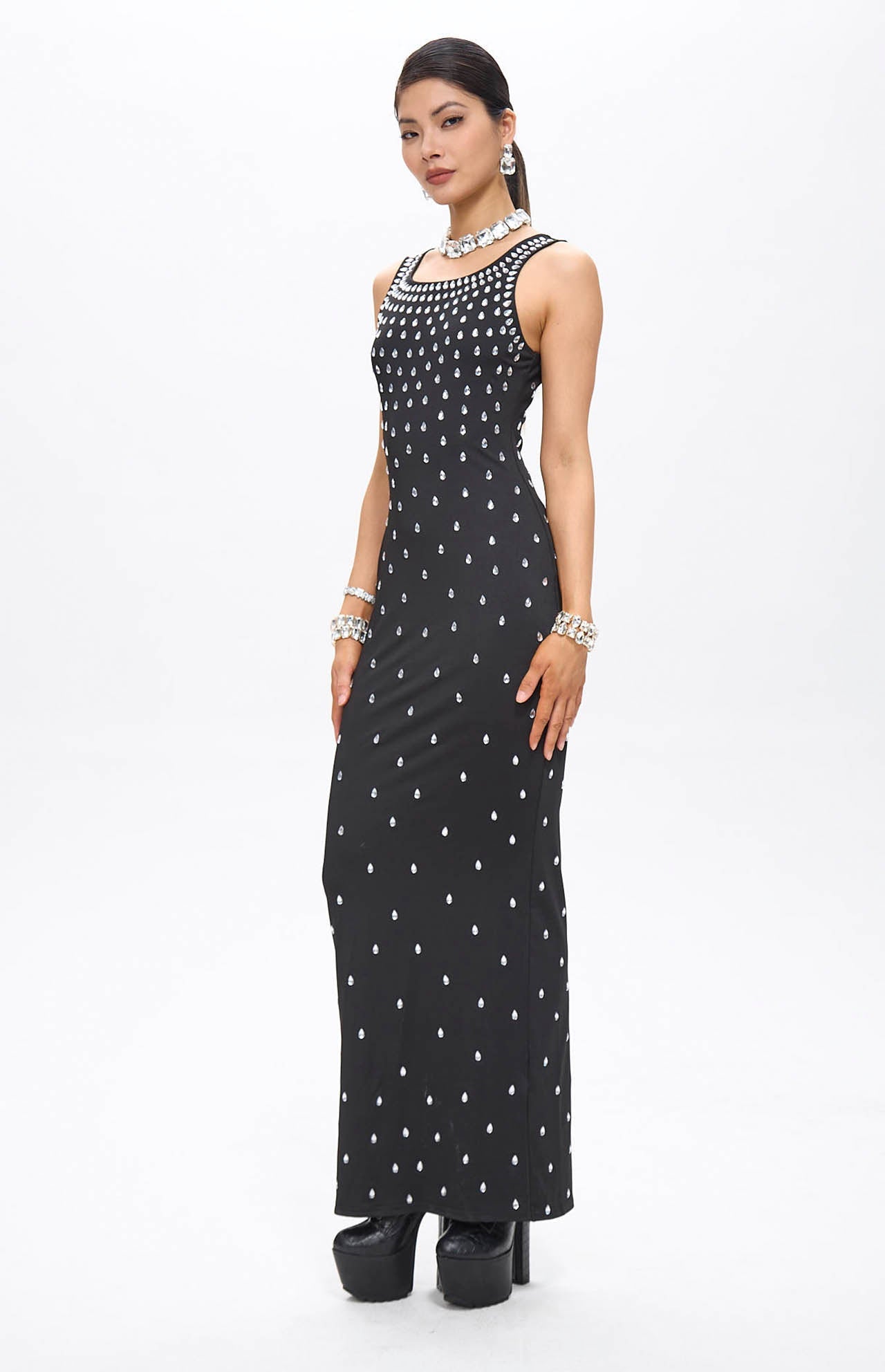 Robe longue noire cristaux MyParisMonaco