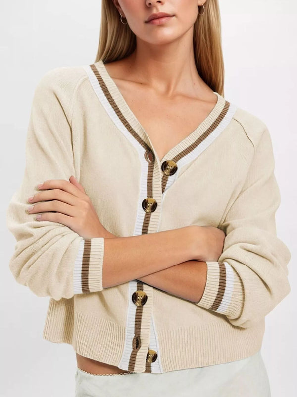Gilet cardigan court col V liserés contrastants boutons écaille abricot bleu marron noir