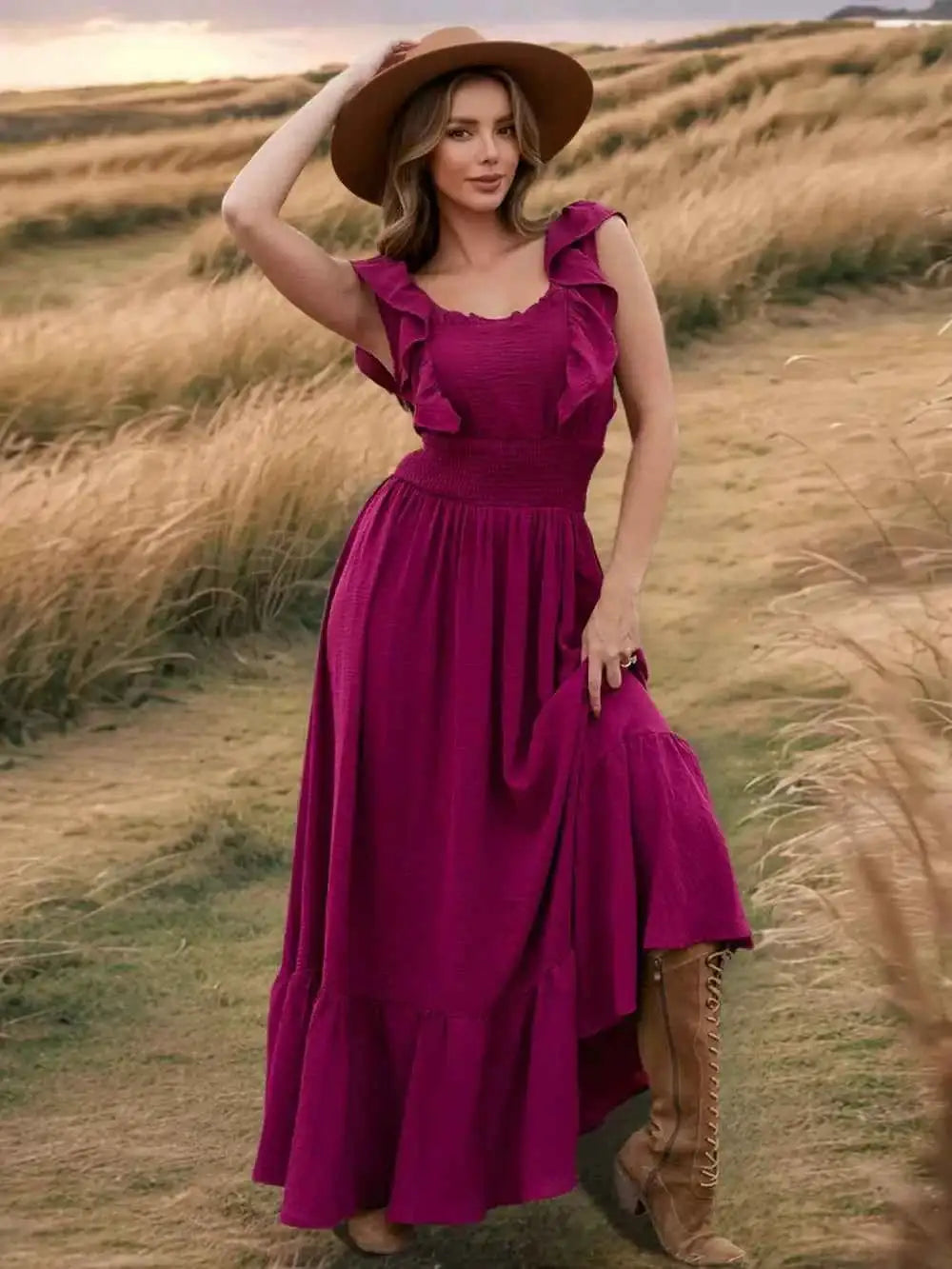 Ruffled Smocked Square Neck Maxi Dress