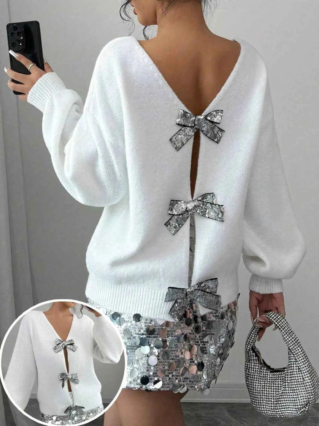Cardigan en maille à épaules tombées et noeud décoratif