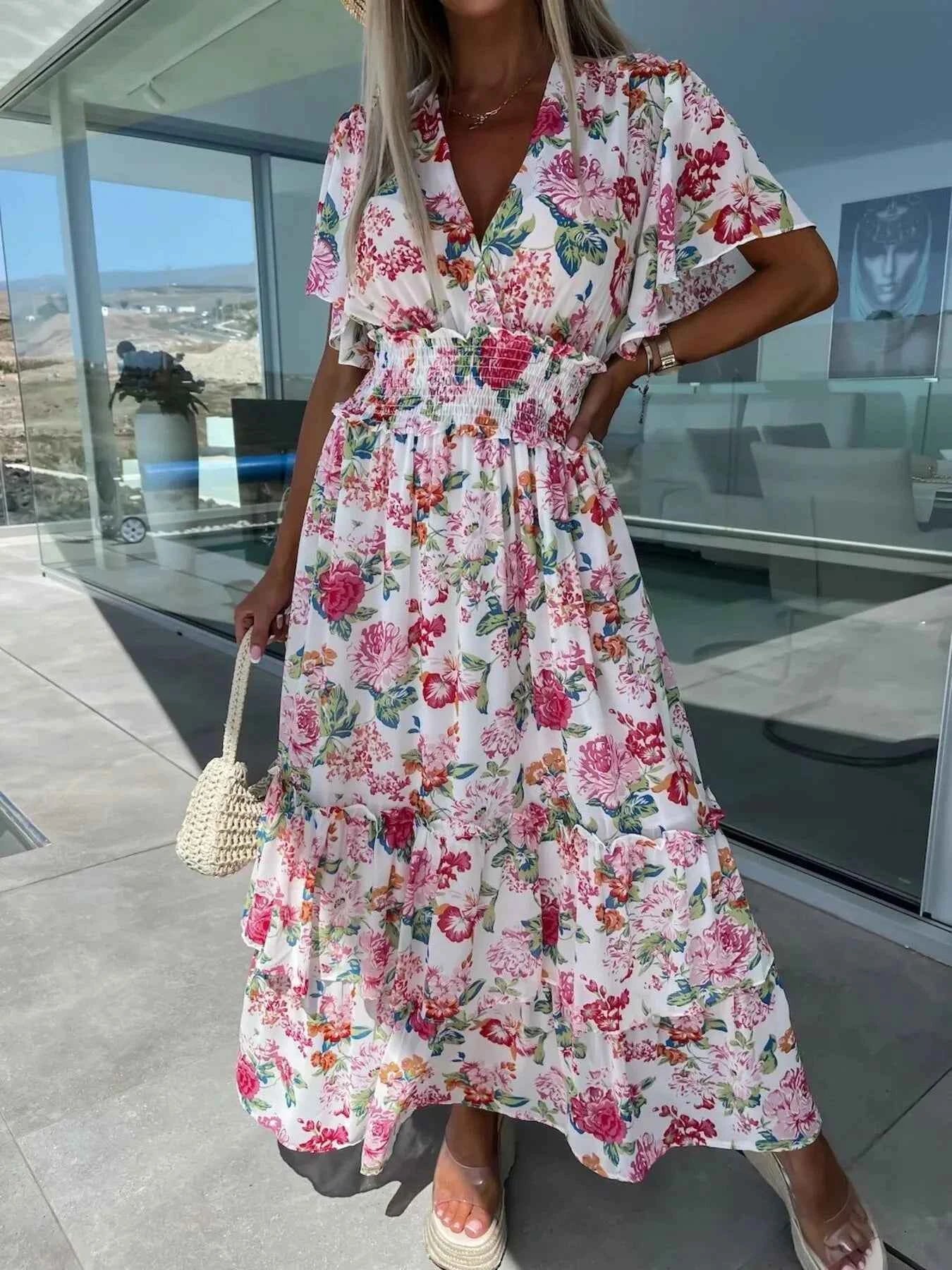 Robe maxi à imprimé floral, smock et manches volantées