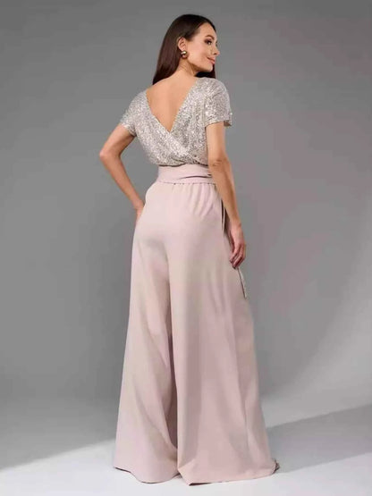 Full Size Sequin Short Sleeve Wide Leg Jumpsuit Plus Size