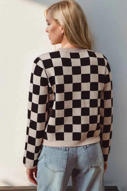 Cardigan à carreaux noué devant, manches longues