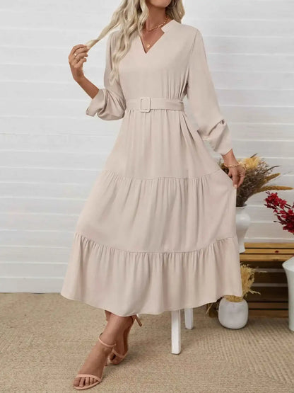 Tiered Notched Belted Midi Dress