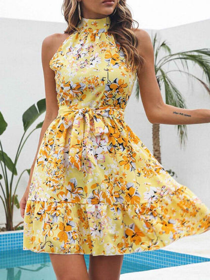 Robe courte à imprimé floral col halter et volants
