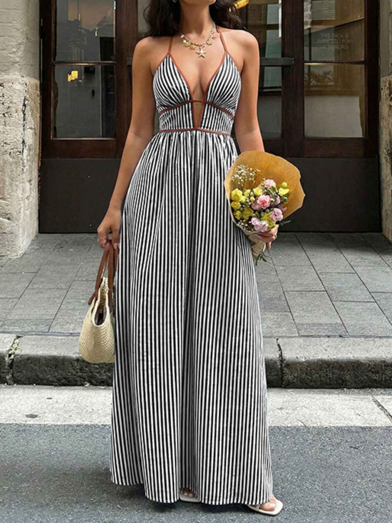 Robe maxi rayée à col licou