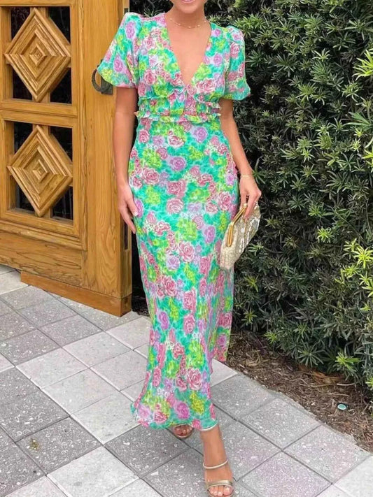 Robe midi à imprimé floral col V et manches bouffantes
