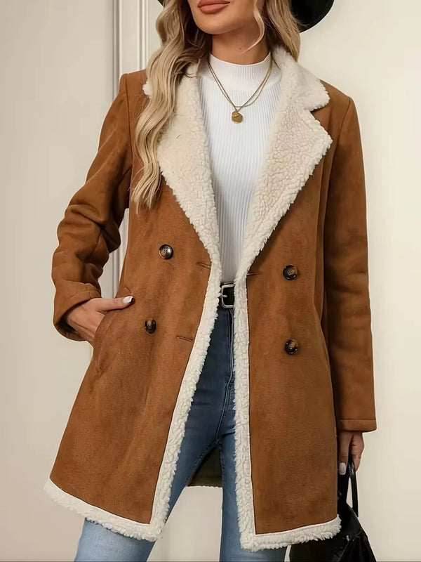 Manteau croisé femme simili daim caramel revers sherpa ivoire double boutonnage mi-long