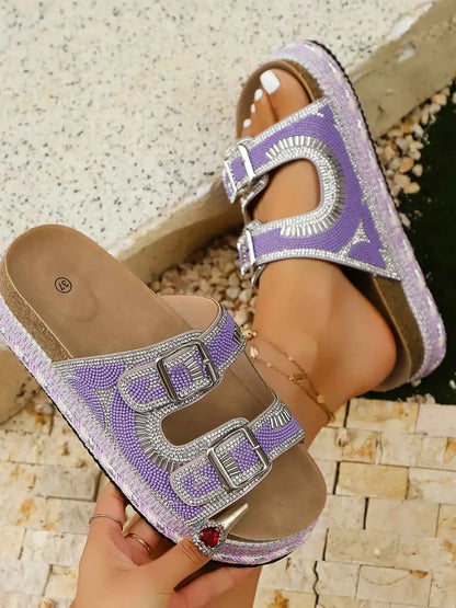 Sandales plateforme à double boucle et strass