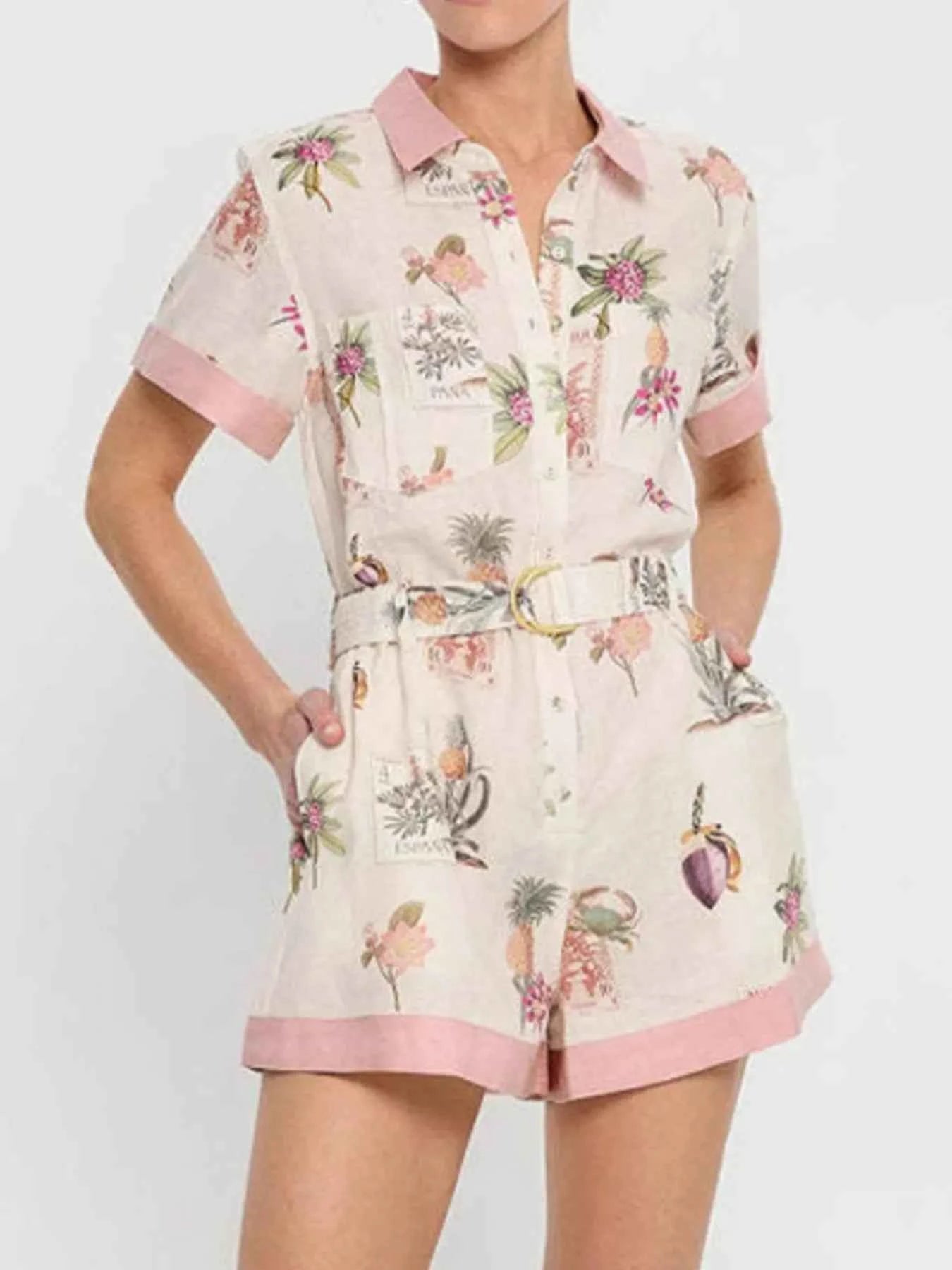 Combishort à imprimé, manches courtes et ceinture