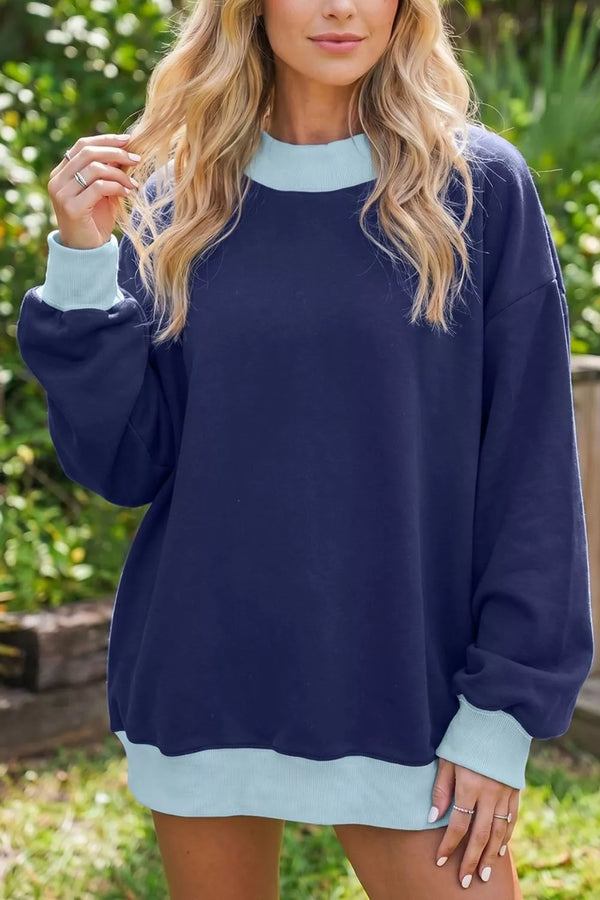 Sweat-shirt oversize col rond liseré color-block bleu marine