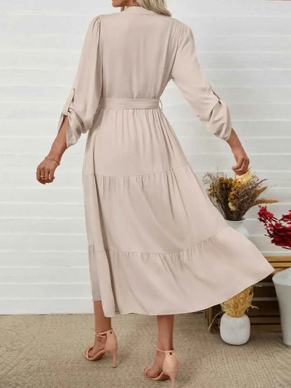 Tiered Notched Belted Midi Dress