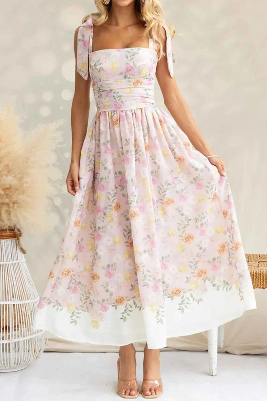 Robe midi camisole à bretelles nouées et imprimé