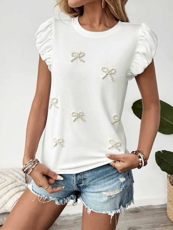 T-shirt manches bouffantes nœud en perles