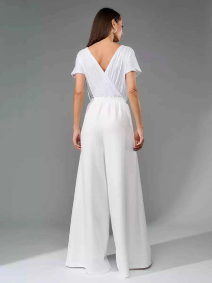 Full Size Sequin Short Sleeve Wide Leg Jumpsuit Plus Size