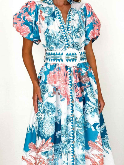 Robe midi à imprimé et manches bouffantes avec boutons