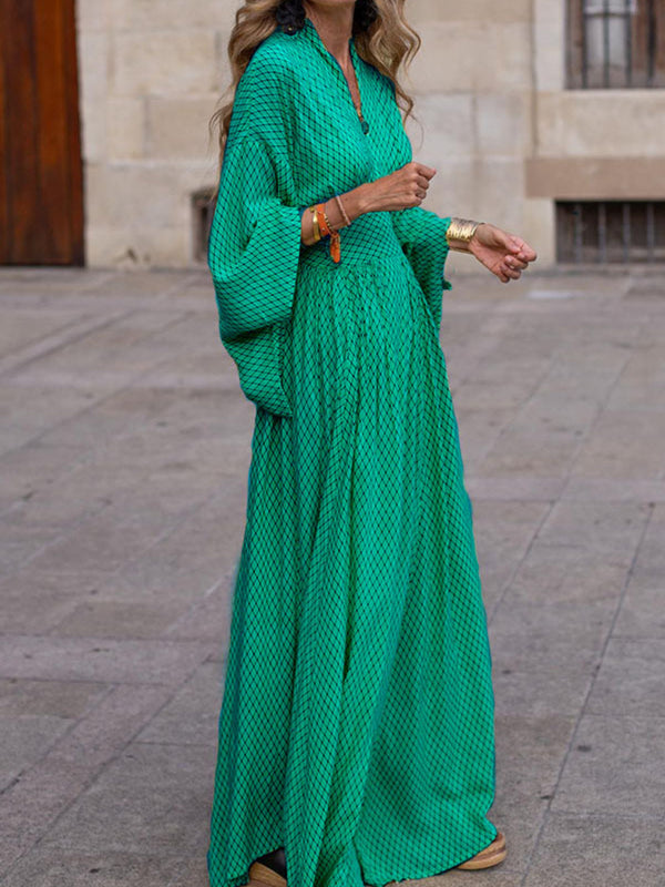 Robe maxi col V élégante à manches fluides et fente