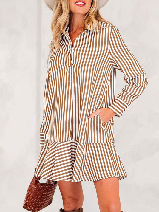 Robe chemise rayée à ourlet volanté avec boutons