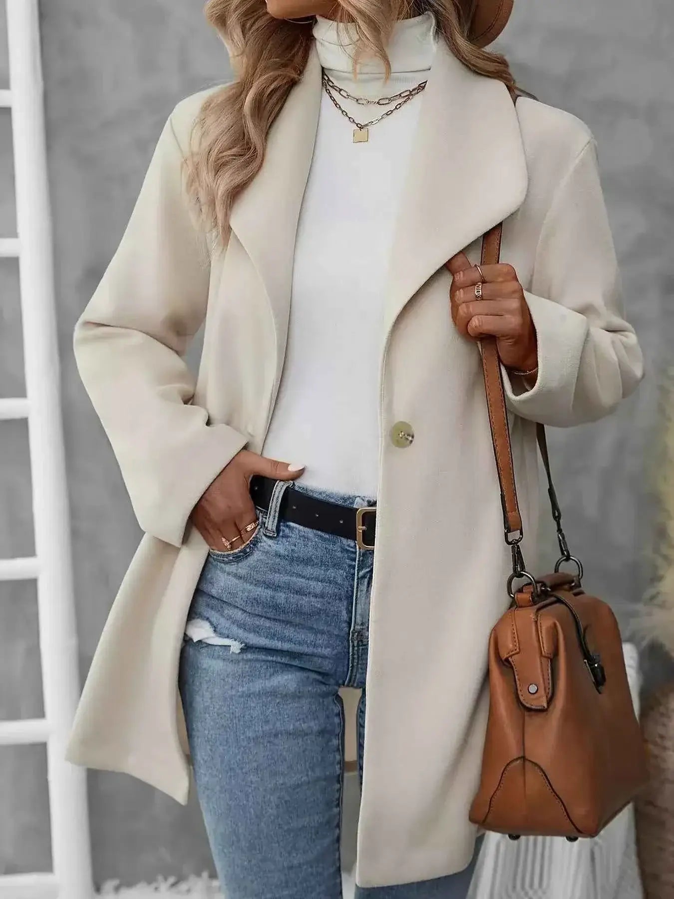Manteau oversize col à revers bouton unique en mélange laine