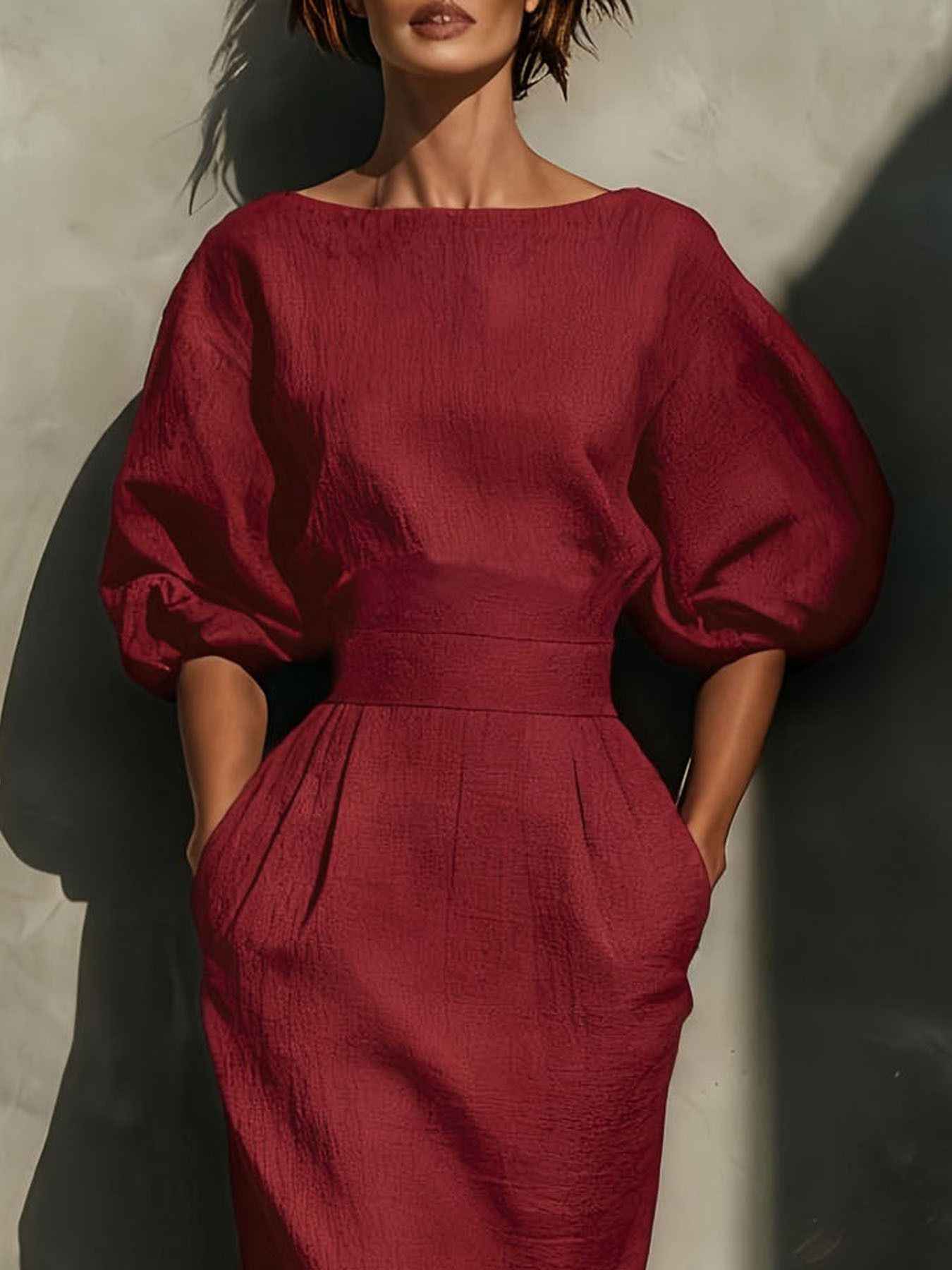 Robe midi col rond à manches bouffantes