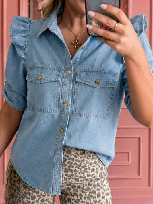 Chemise en jean boutonnée à volants