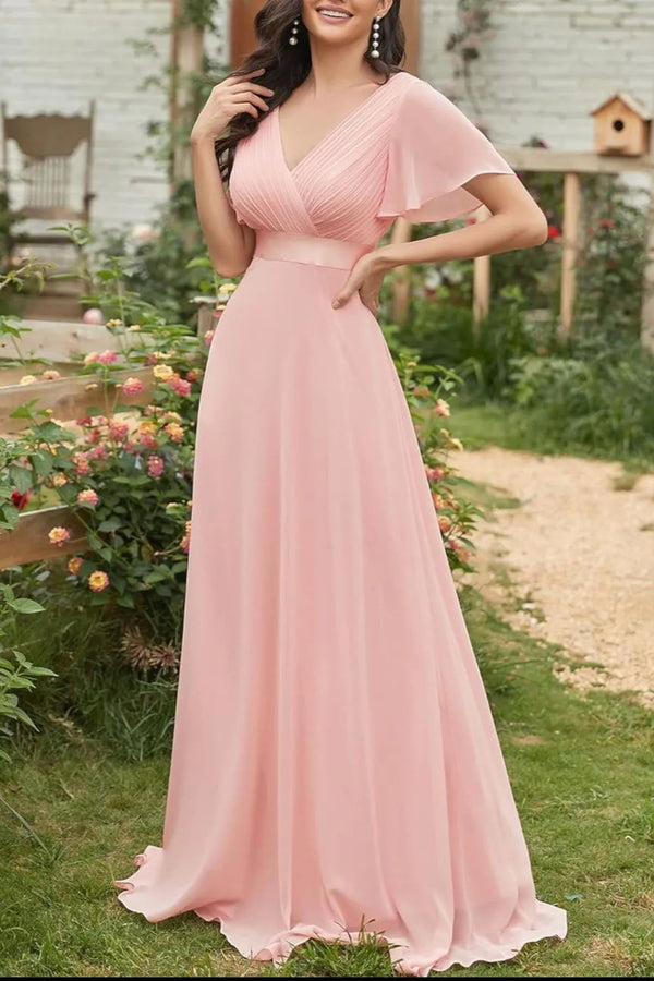 Robe longue cache-cœur à manches volantées