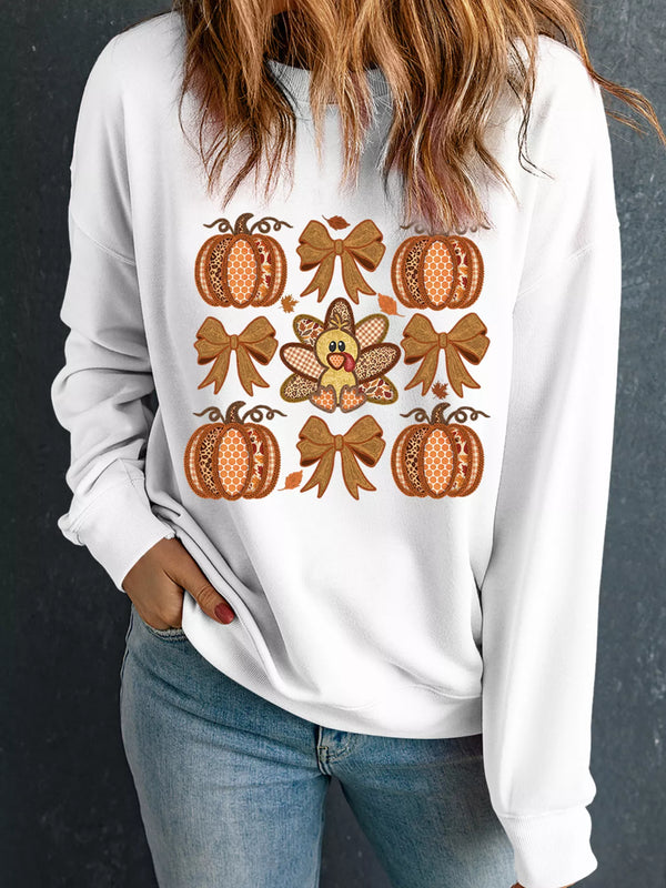 Sweat-shirt oversize épaules tombantes citrouilles nœuds dinde automne blanc