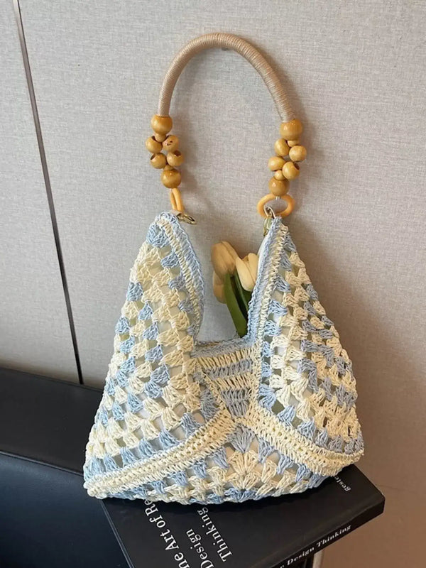 Sac à épaule en paille tressée avec détails crochet contrastants