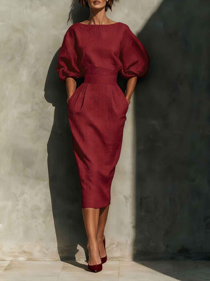 Robe midi col rond à manches bouffantes