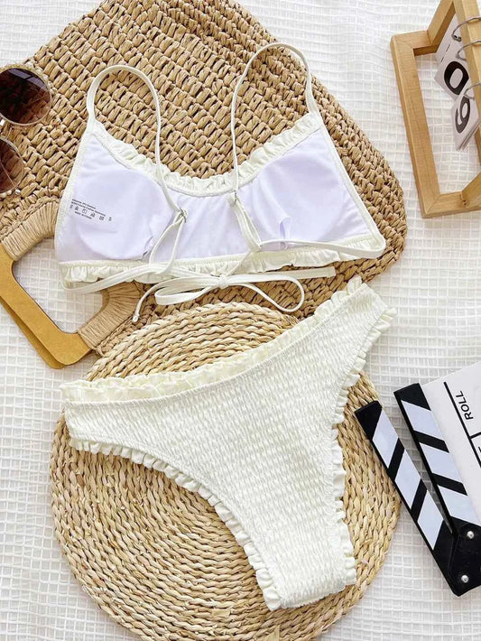 Bikini deux pièces à bretelles fines et volants texturés