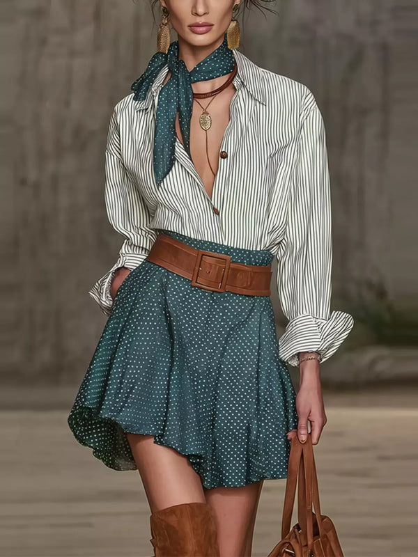 Ensemble deux pièces chemise rayée manches ballon mini-jupe à pois vert canard