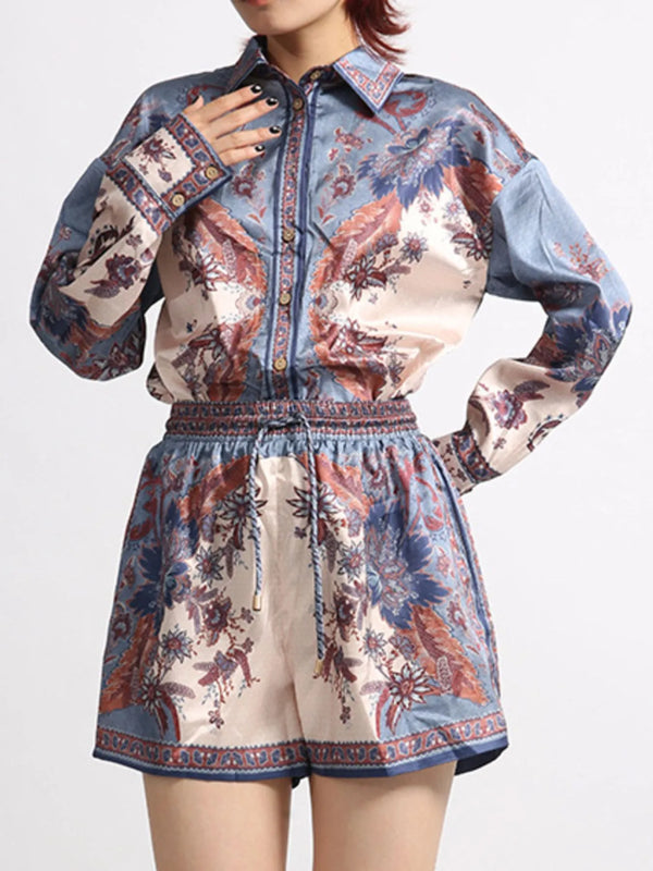 Ensemble deux pièces imprimé : chemise à manches longues et short à cordon