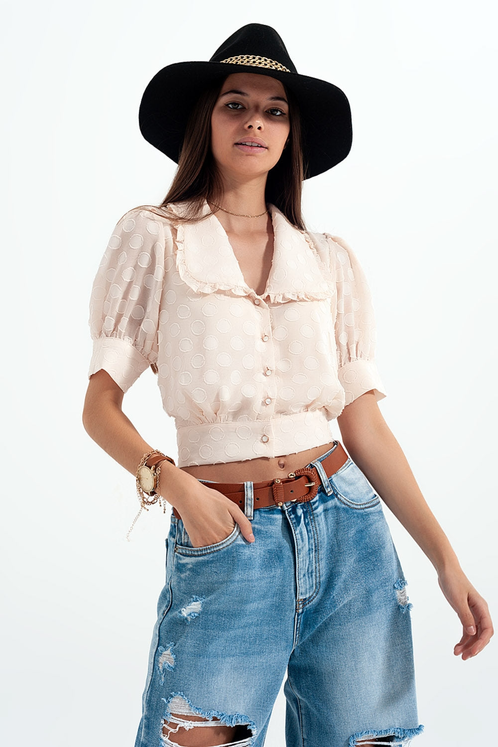 Blouse beige à pois avec col claudine et boutons ornés MyParisMonaco