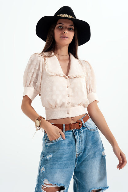 Blouse beige à pois avec col claudine et boutons ornés MyParisMonaco