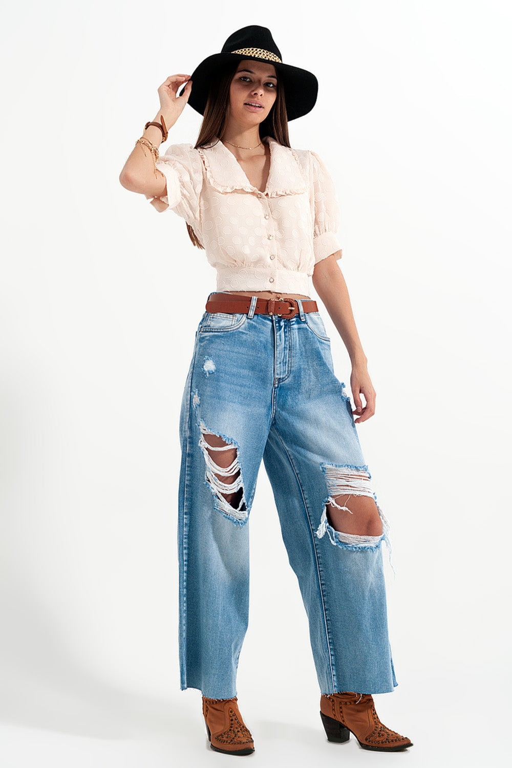 Blouse beige à pois avec col claudine et boutons ornés MyParisMonaco